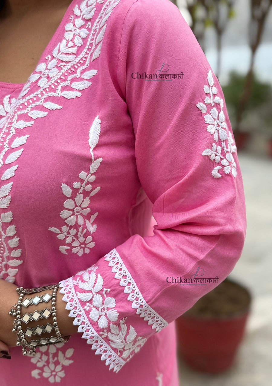 Nazneen Rayon Chikankari Kurti - Pink