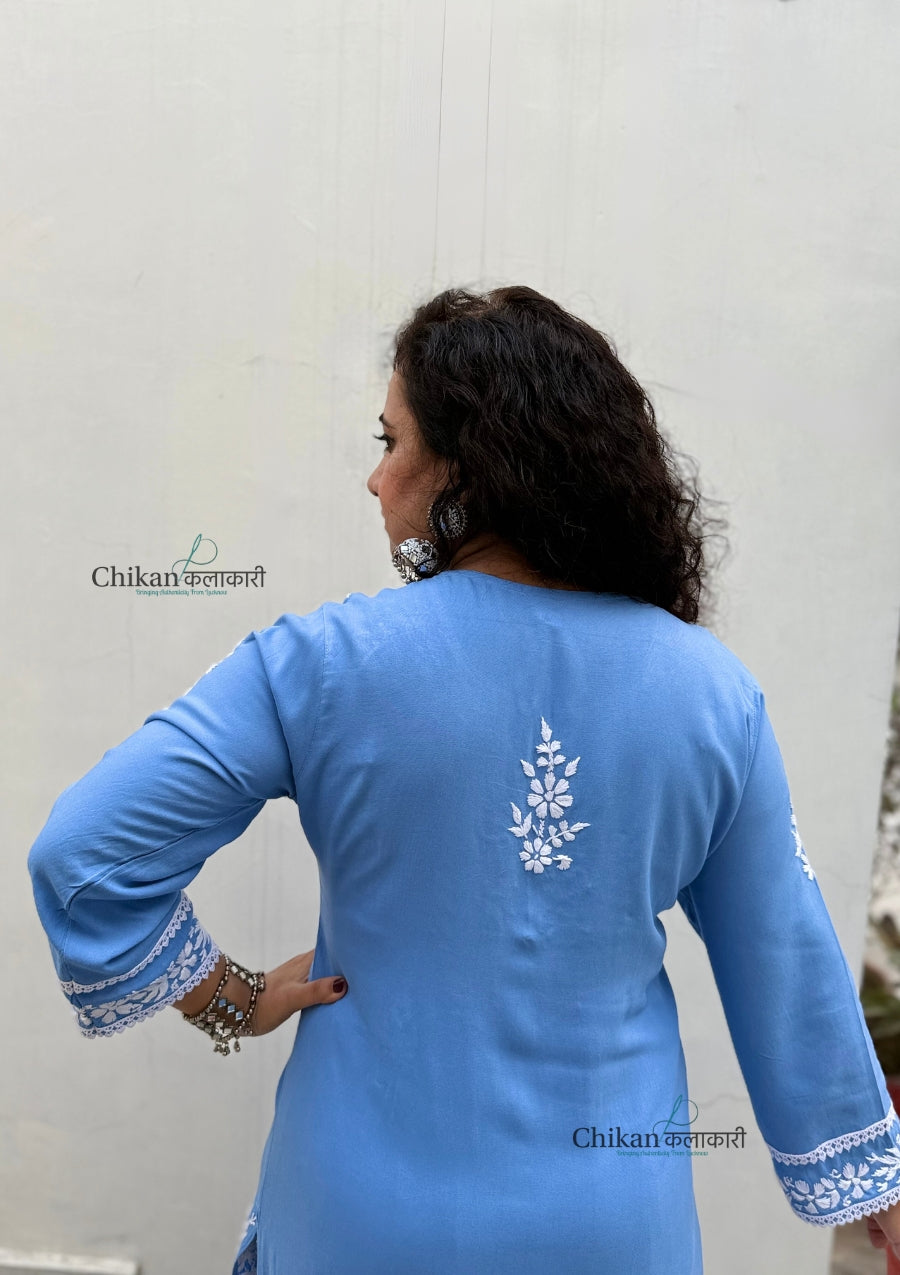 Nazneen Rayon Chikankari Kurti - Powder Blue