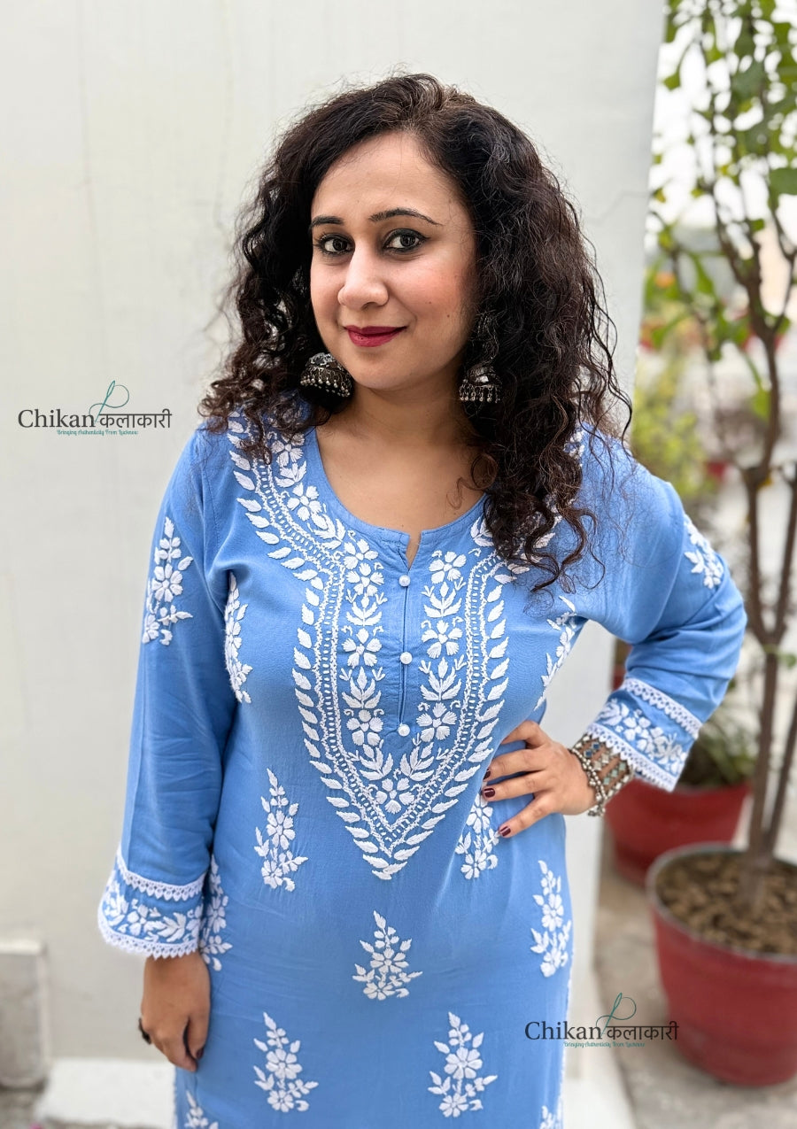 Nazneen Rayon Chikankari Kurti - Powder Blue