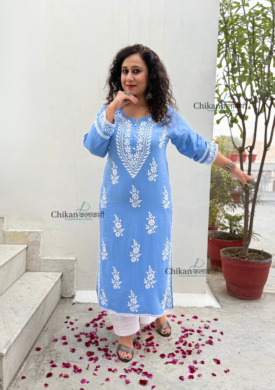 Nazneen Rayon Chikankari Kurti - Powder Blue