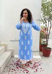 Nazneen Rayon Chikankari Kurti - Powder Blue