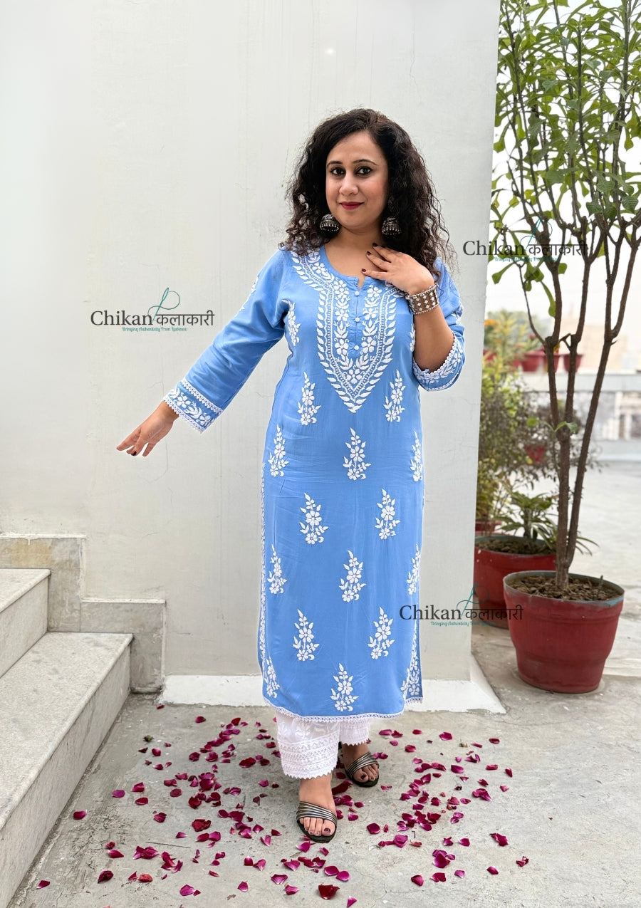 Nazneen Rayon Chikankari Kurti - Powder Blue