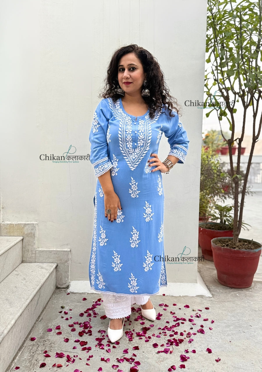 Nazneen Rayon Chikankari Kurti - Powder Blue