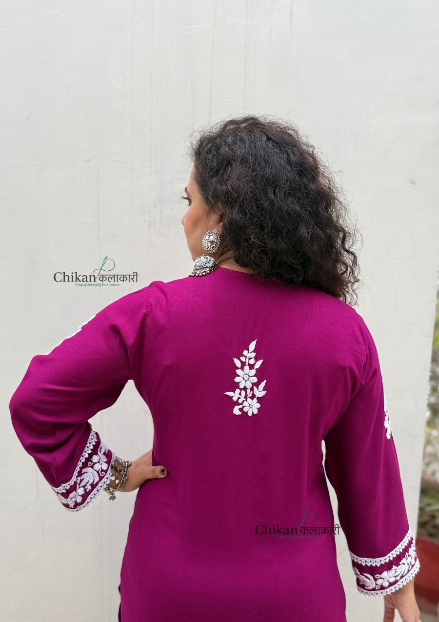 Nazneen Rayon Chikankari Kurti - Wine