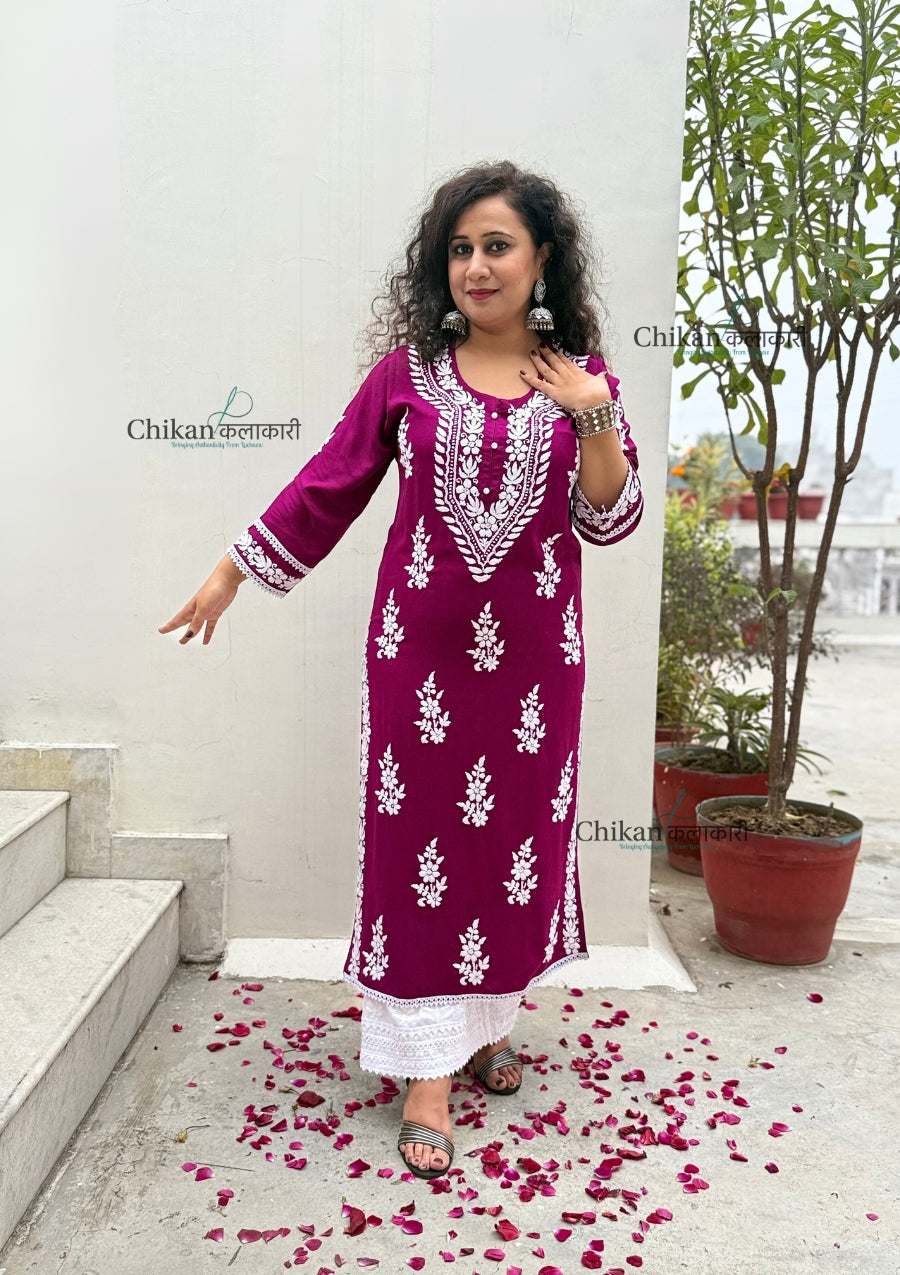 Nazneen Rayon Chikankari Kurti - Wine