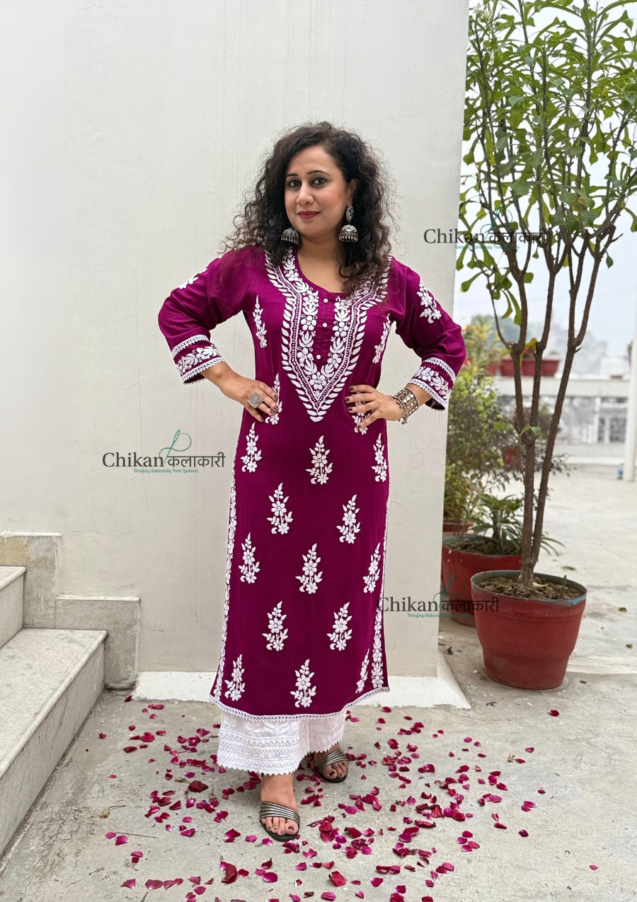 Nazneen Rayon Chikankari Kurti - Wine