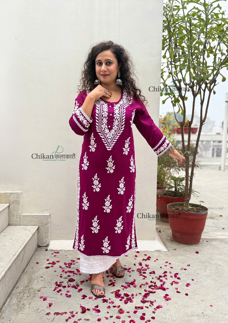 Nazneen Rayon Chikankari Kurti - Wine