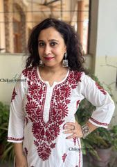Nitya White Cotton Chikankari Kurti Set - Maroon