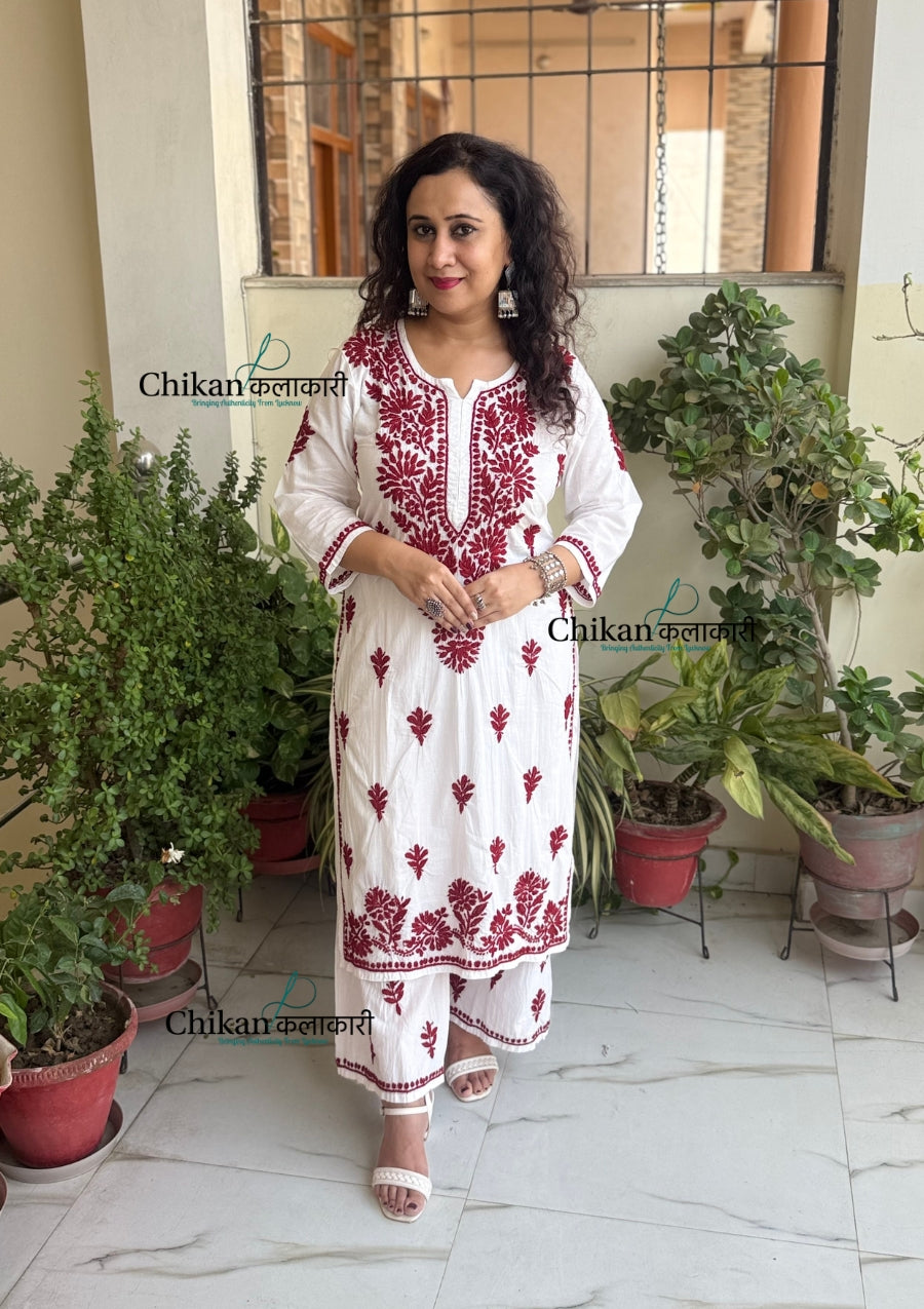 Nitya White Cotton Chikankari Kurti Set - Maroon