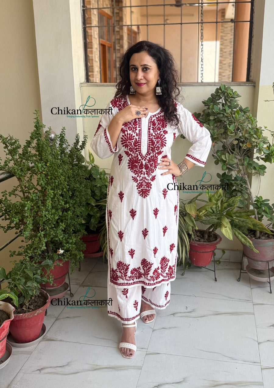 Nitya White Cotton Chikankari Kurti Set - Maroon