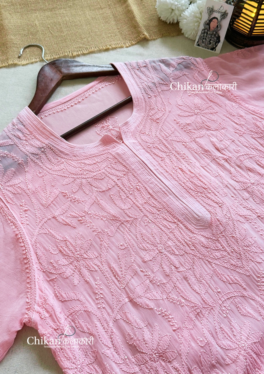 Noor Viscose Jaal Chikankari Kurti - Pink