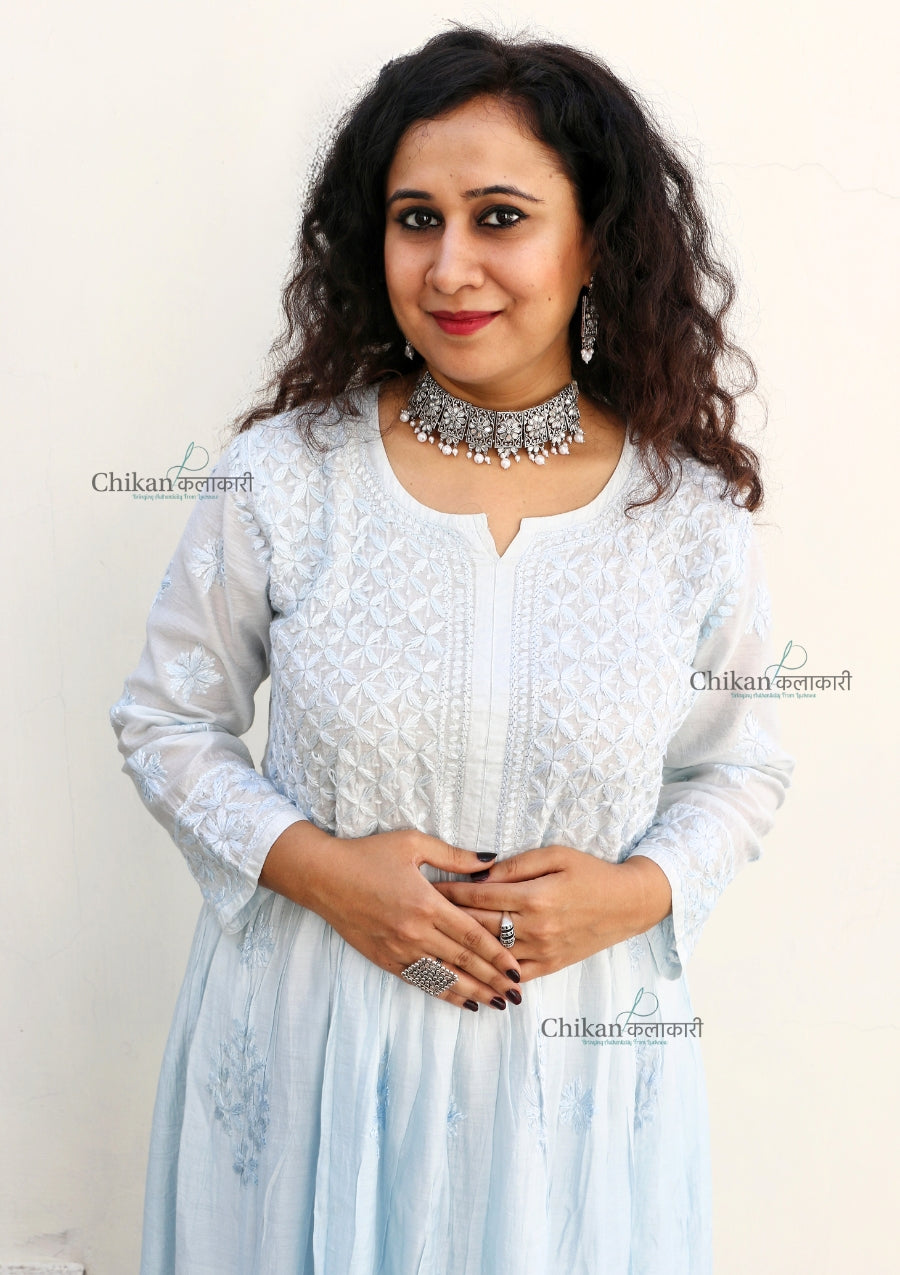 Noura Blue Chanderi Chikankari Gown Set