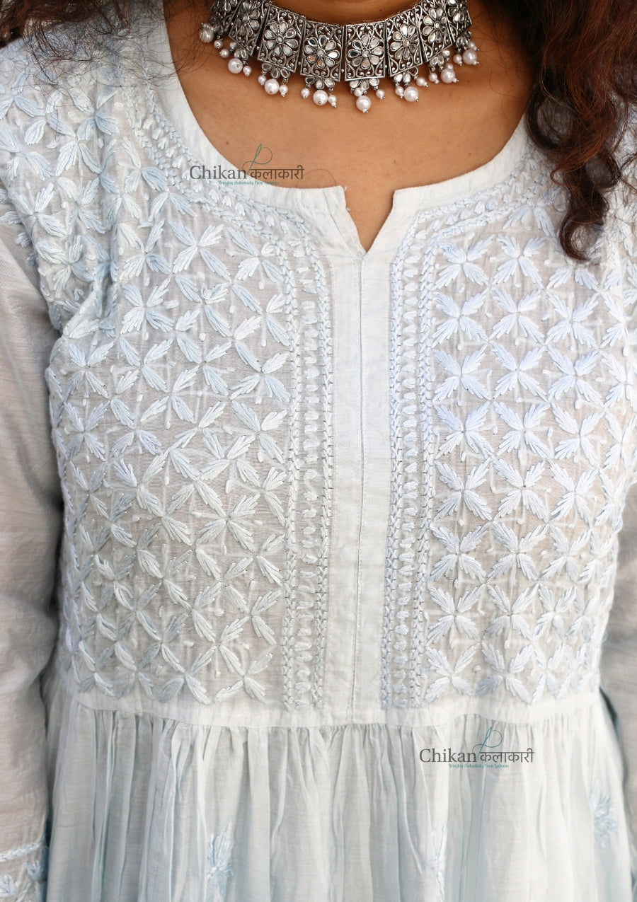 Noura Blue Chanderi Chikankari Gown Set