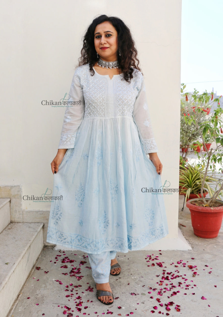 Noura Blue Chanderi Chikankari Gown Set