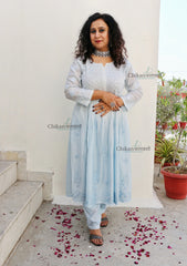 Noura Blue Chanderi Chikankari Gown Set