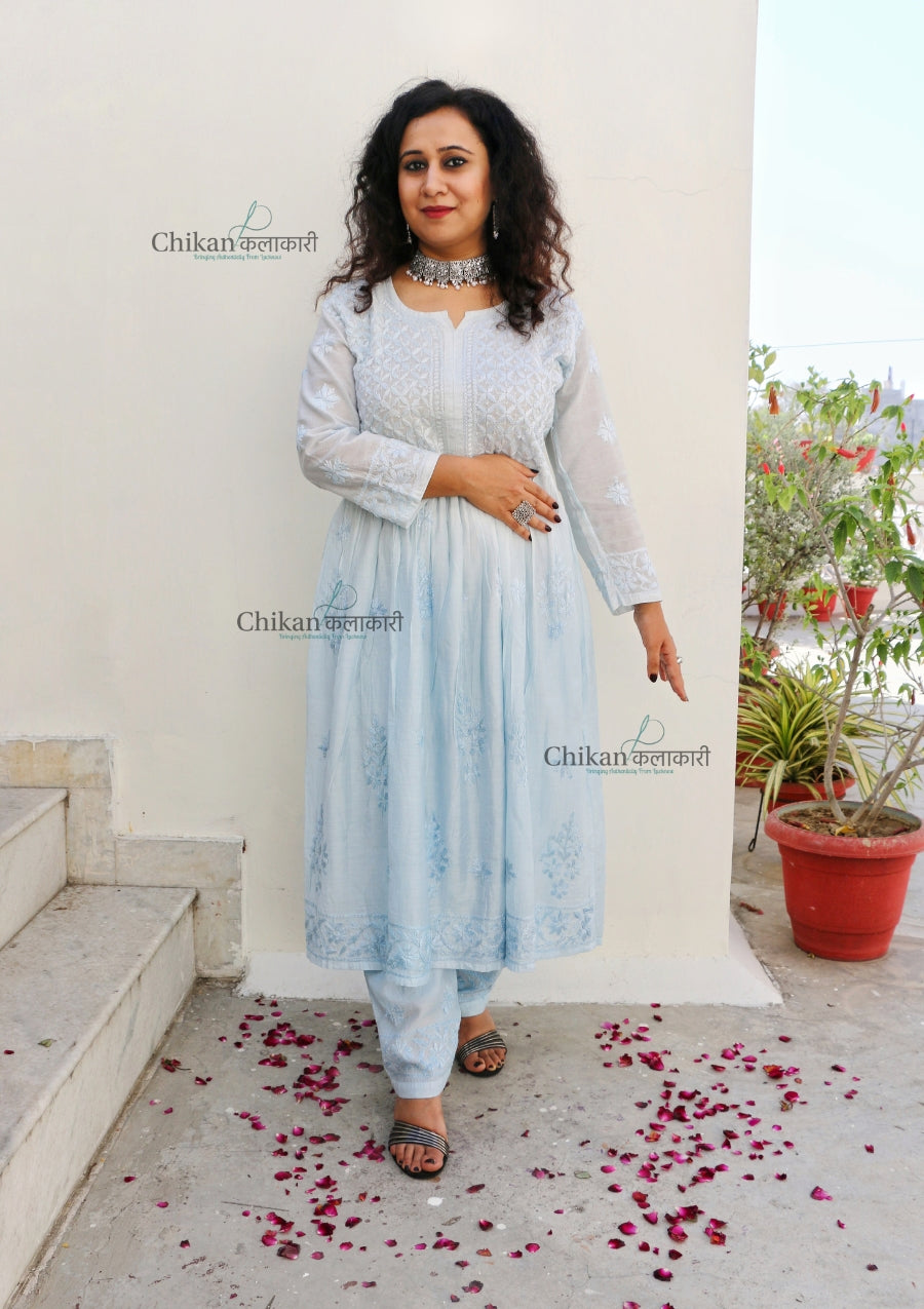 Noura Blue Chanderi Chikankari Gown Set