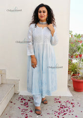 Noura Blue Chanderi Chikankari Gown Set