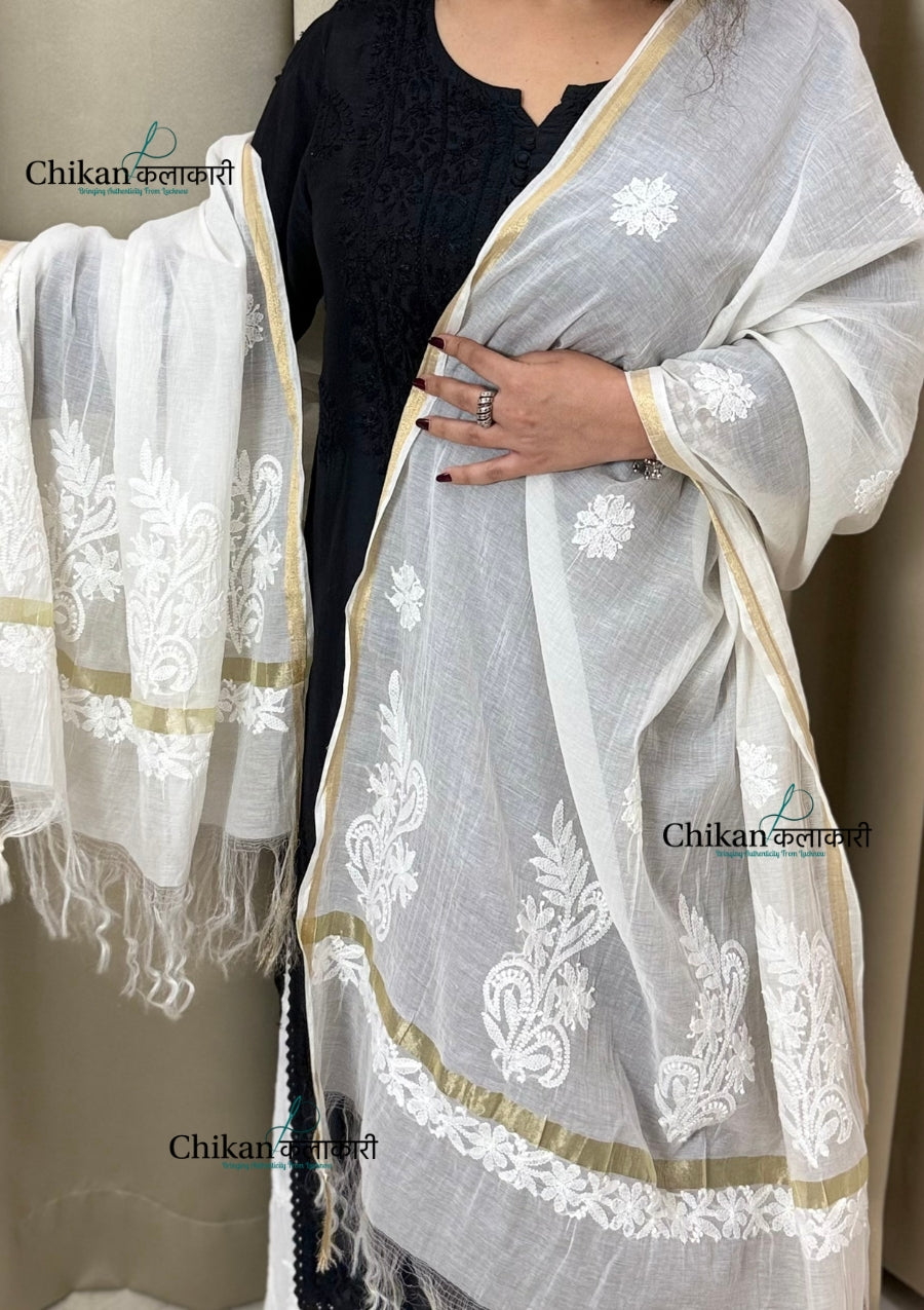 Off-White Chanderi Chikankari Dupatta