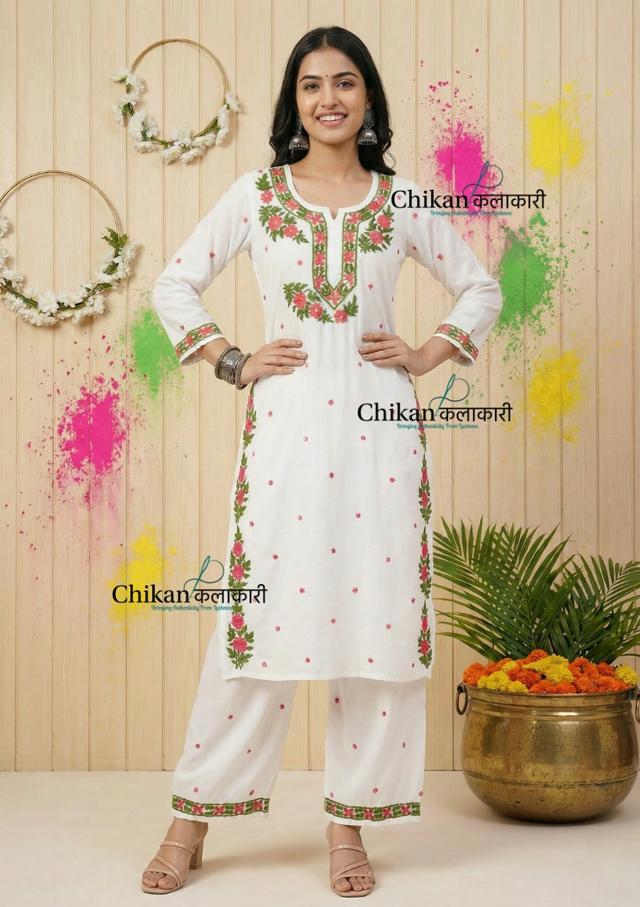 Pakeeza Rayon Chikankari Kurti Set - White