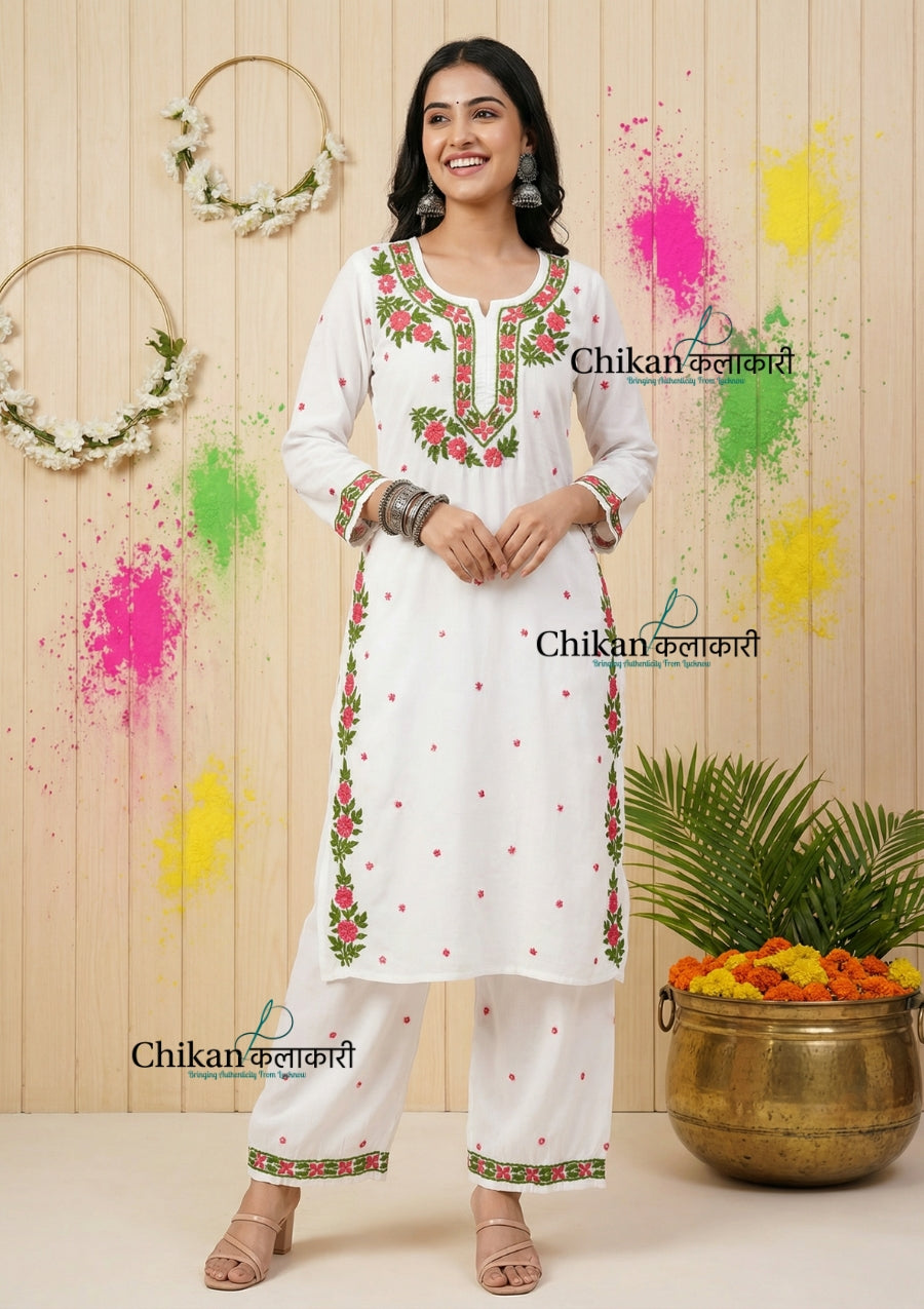 Pakeeza Rayon Chikankari Kurti Set - White
