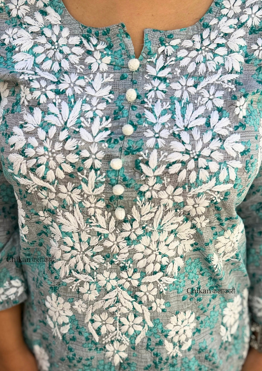 Palak Grey Mulmul Chikankari kurti