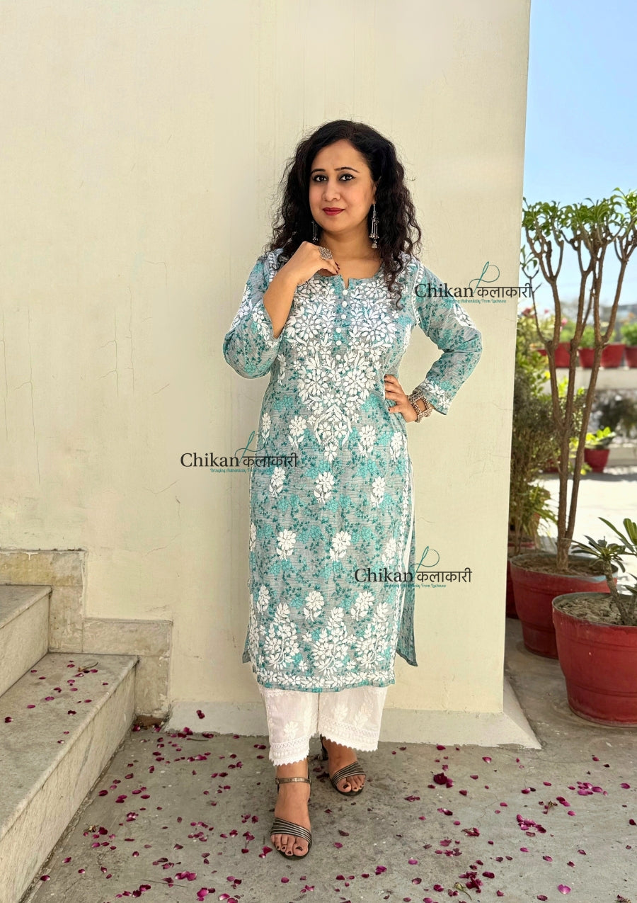 Palak Grey Mulmul Chikankari kurti