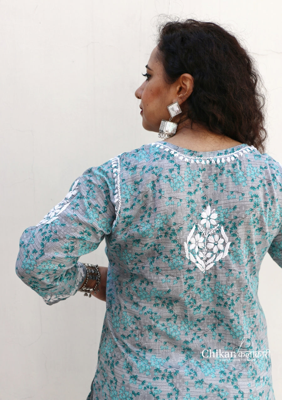 Palak Grey Mulmul Chikankari kurti