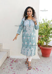 Palak Grey Mulmul Chikankari kurti