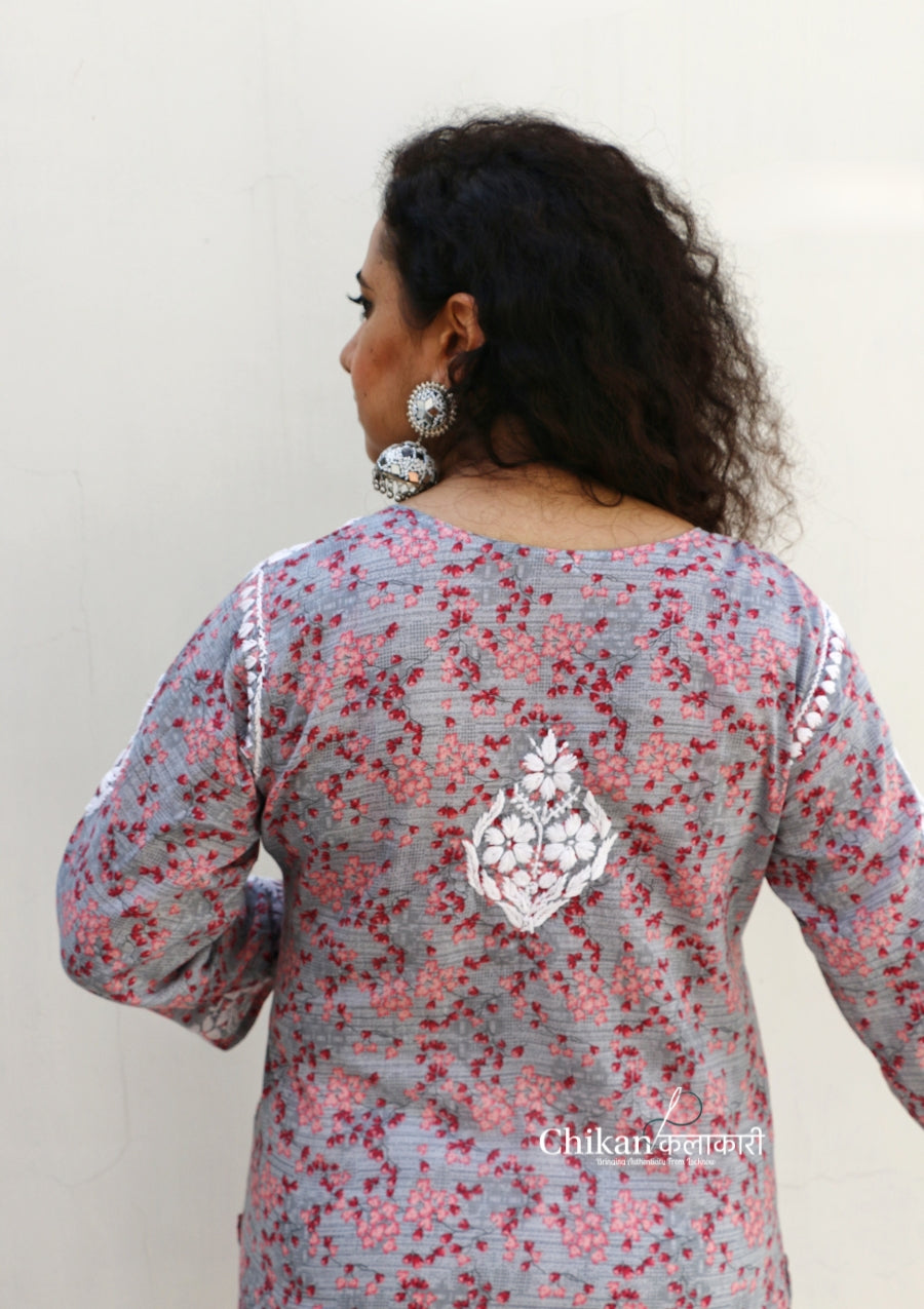 Palak Grey Mulmul Chikankari kurti