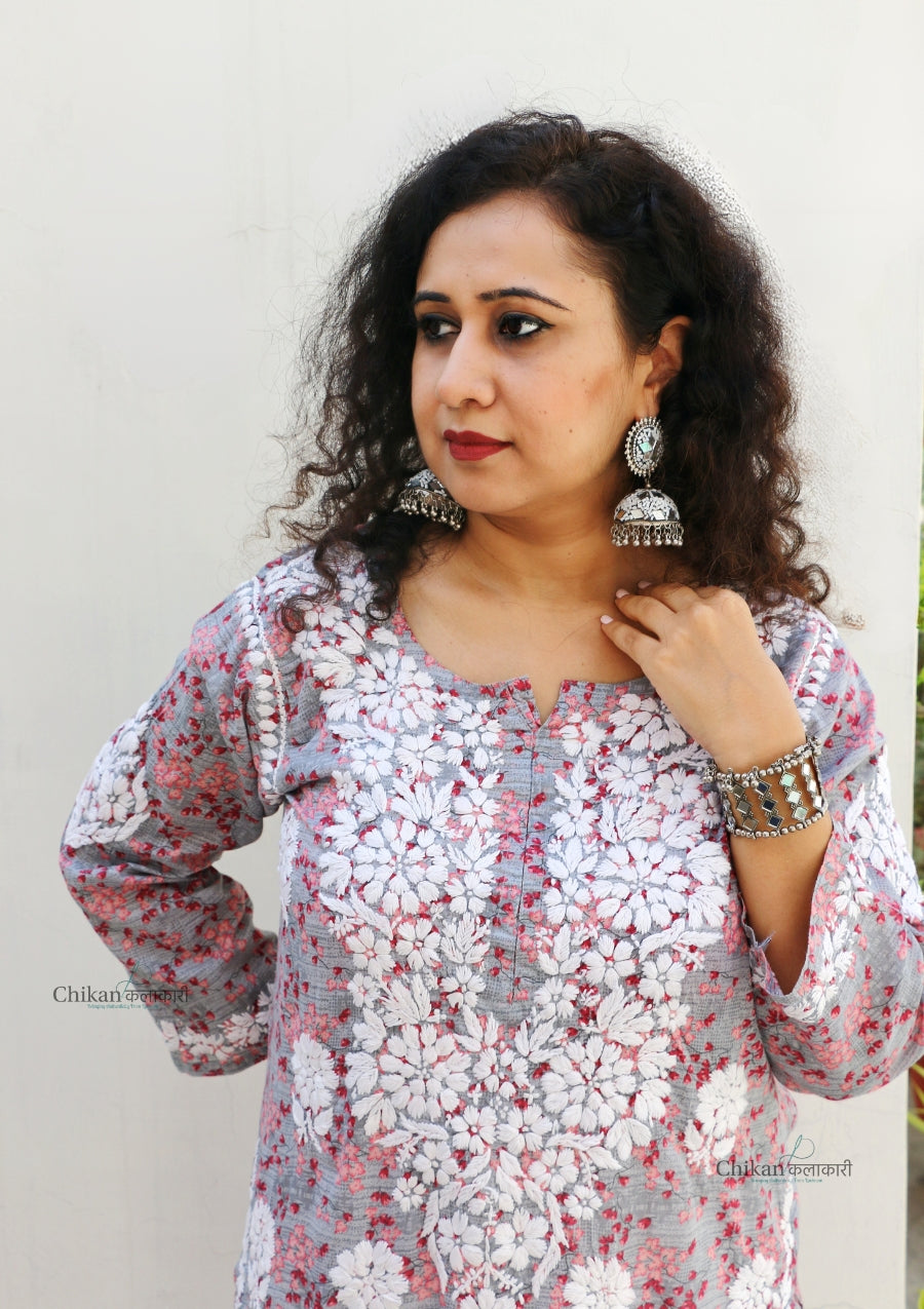 Palak Grey Mulmul Chikankari kurti