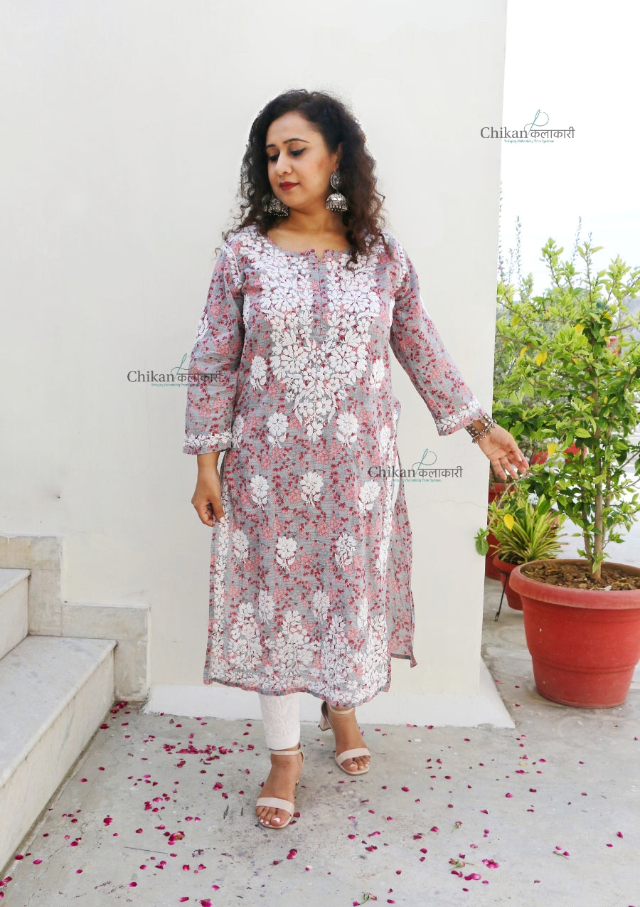 Palak Grey Mulmul Chikankari kurti