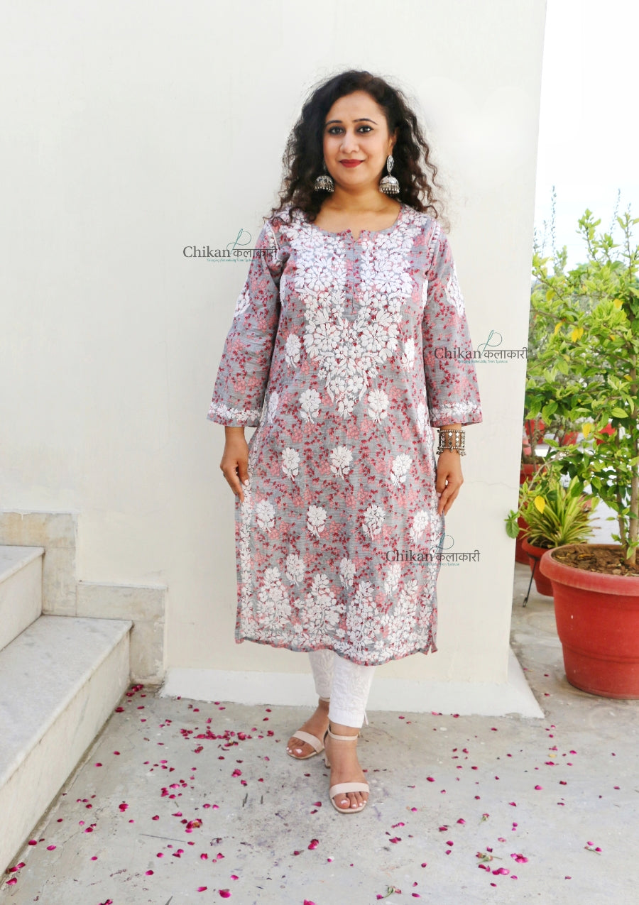 Palak Grey Mulmul Chikankari kurti