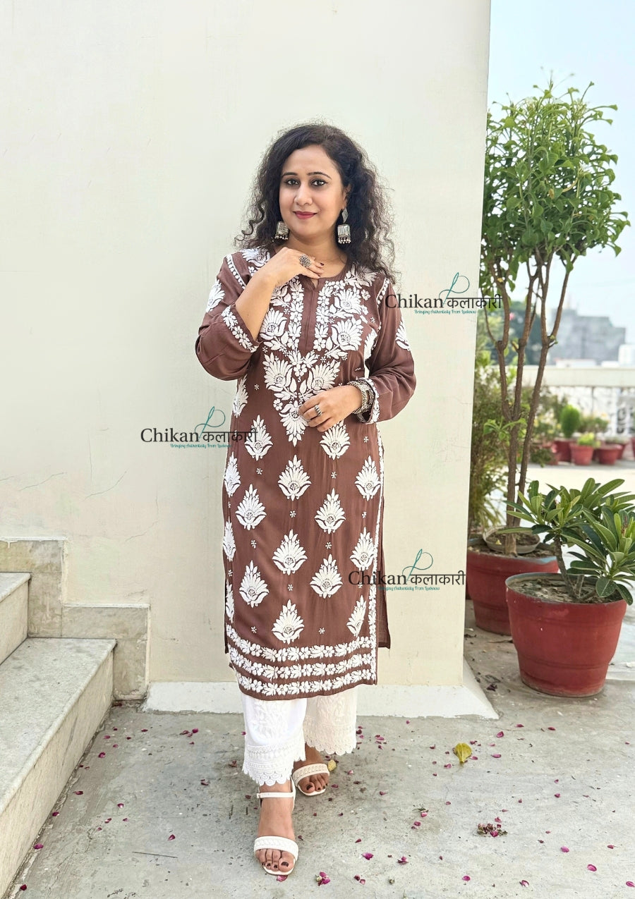 Pankhudi Modal Chikankari Kurti - Brown