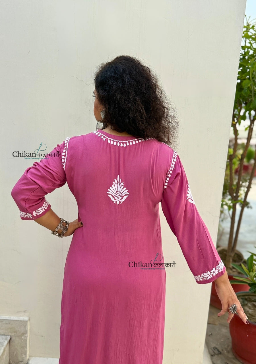 Pankhudi Modal Chikankari Kurti - Pink