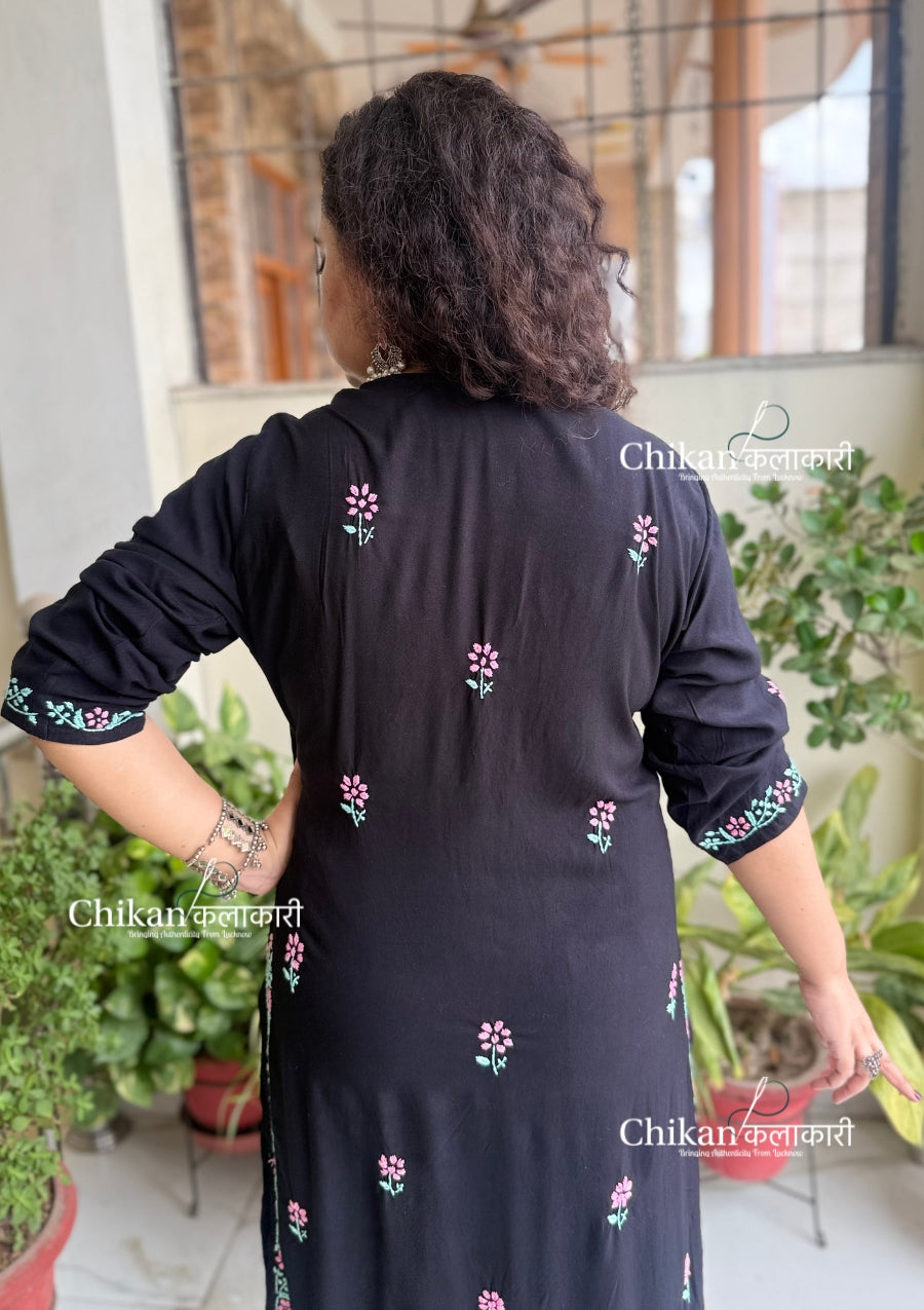 Raha Rayon Chikankari Kurti - Black