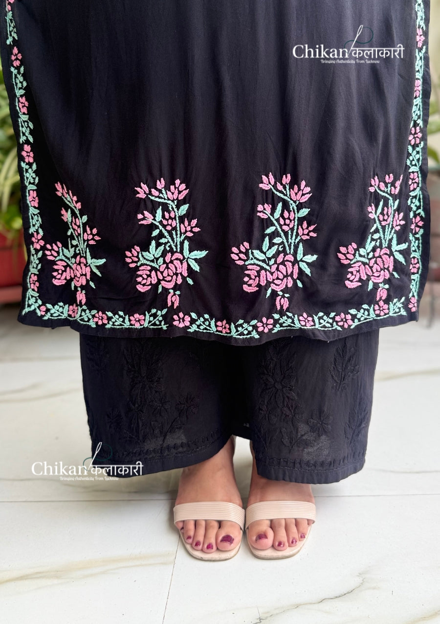 Raha Rayon Chikankari Kurti - Black