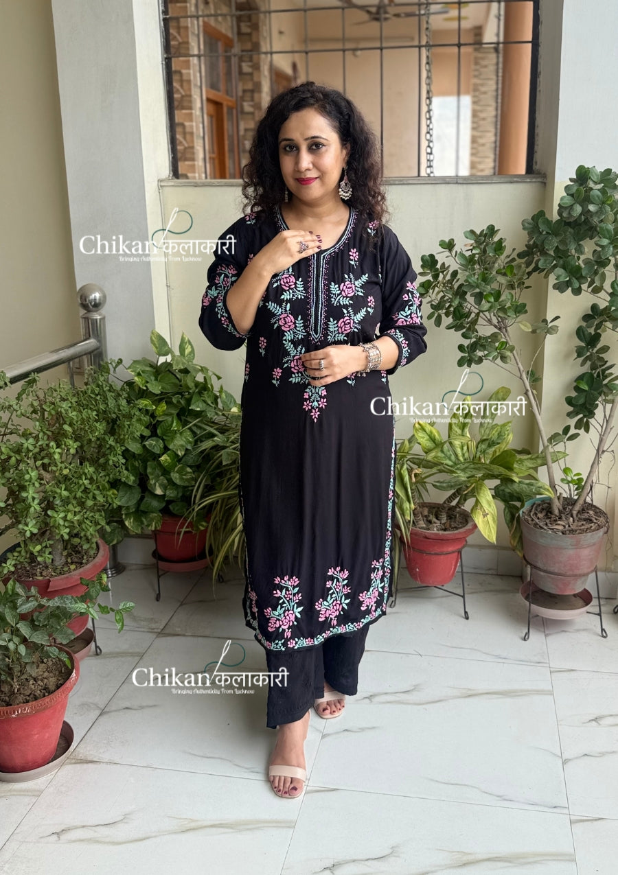 Raha Rayon Chikankari Kurti - Black