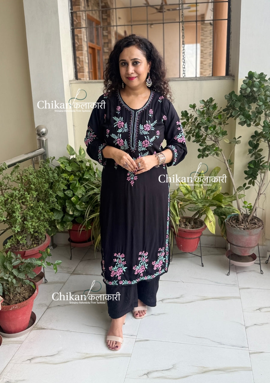 Raha Rayon Chikankari Kurti - Black