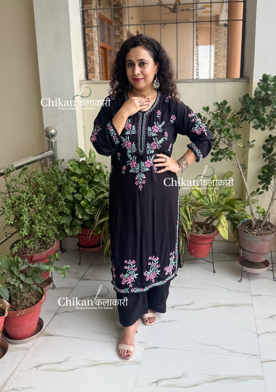 Raha Rayon Chikankari Kurti - Black