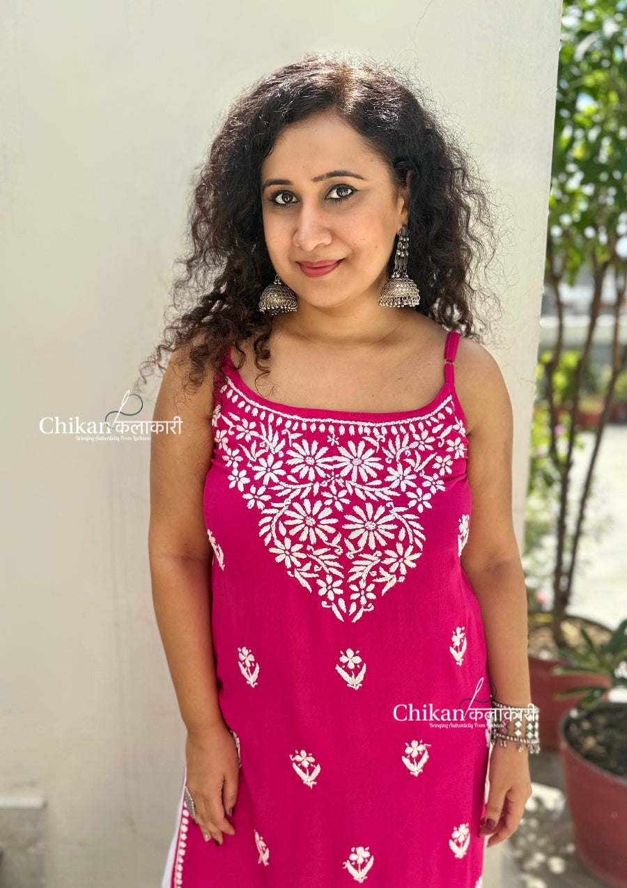 Reeba Short Rayon Chikankari Kurti - Magenta