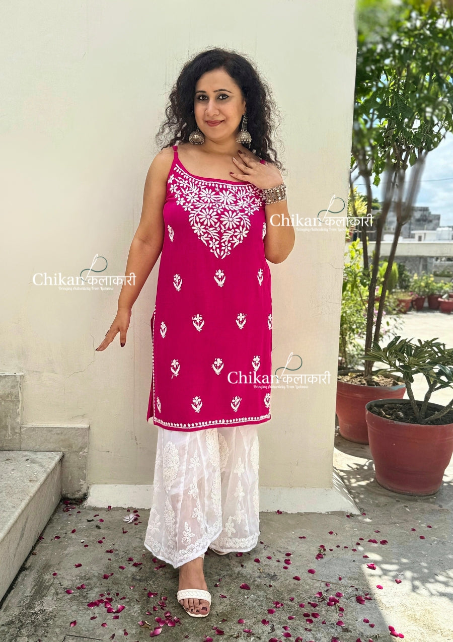 Reeba Short Rayon Chikankari Kurti - Magenta