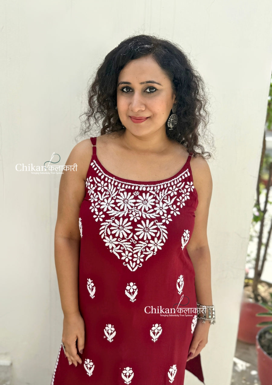 Reeba Short Rayon Chikankari Kurti - Maroon