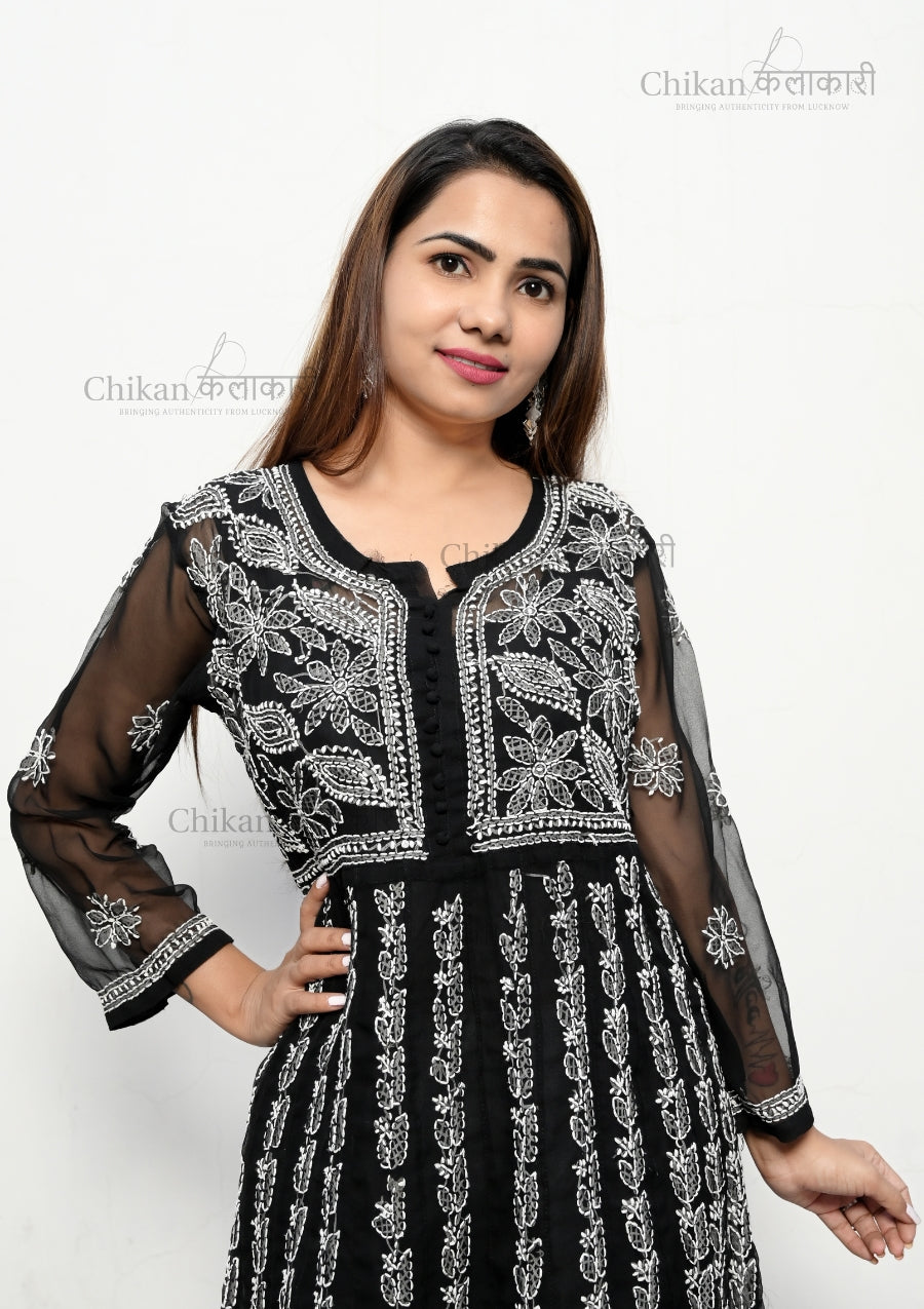 Rehana Anarkali Black lucknowi chikankari kurta | chikan curry kurti | lakhnavi kurta | lucknow chikan kurti