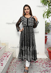 Rehana Anarkali Georgette Chikankari Kurti | chikan curry kurti | lakhnavi kurta | black chikankari kurti