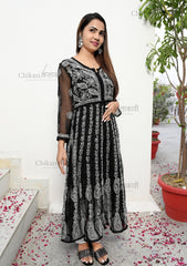 Rehana Anarkali black chikankari kurti | chikan curry kurta | lakhnavi kurti | house of chikankari | lucknowi chikan kurta