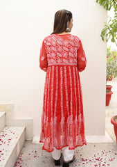 Rehana Anarkali Red Lucknowi Chikan Kurta | chikan curry kurti | lakhnavi kurti | house of chikankari | lakhnavi kurta