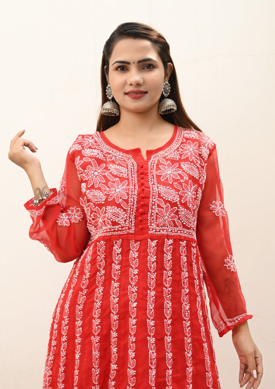 Rehana Anarkali Red Lucknow Chikan Kurti | chikan curry kurta | lakhnavi kurti | house of chikankari | lakhnavi kurta