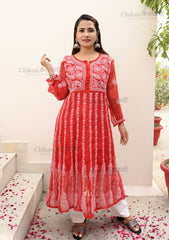 Rehana Anarkali Red Lucknow Chikankari Kurti | chikan curry kurti | lakhnavi kurti | lucknowi chikankari kurta