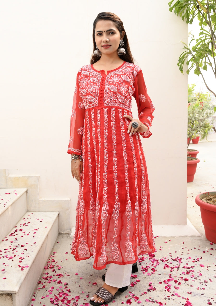 Rehana Anarkali Red Lucknowi Chikankari Kurta | chikan curry kurti | lakhnavi kurti | house of chikankari | lakhnavi kurta