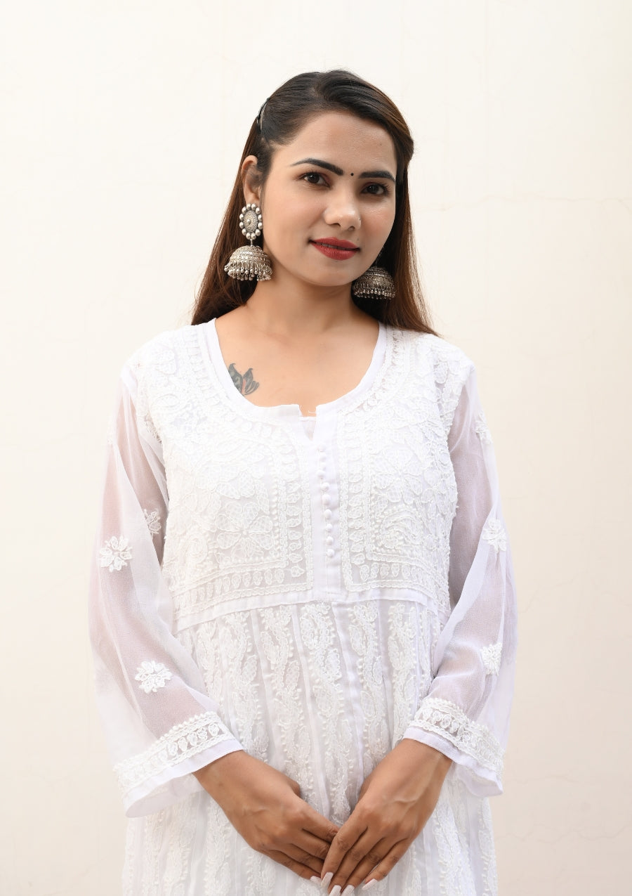 Rehana Anarkali white chikan kurti | chikan curry kurti | lakhnavi kurta | house of chikankari | lucknowi chikankari kurta